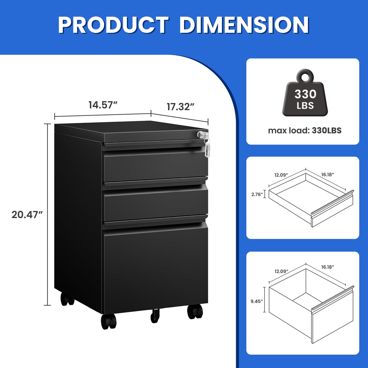Black 3 Drawer Metal File Cabinet with Lock F70966