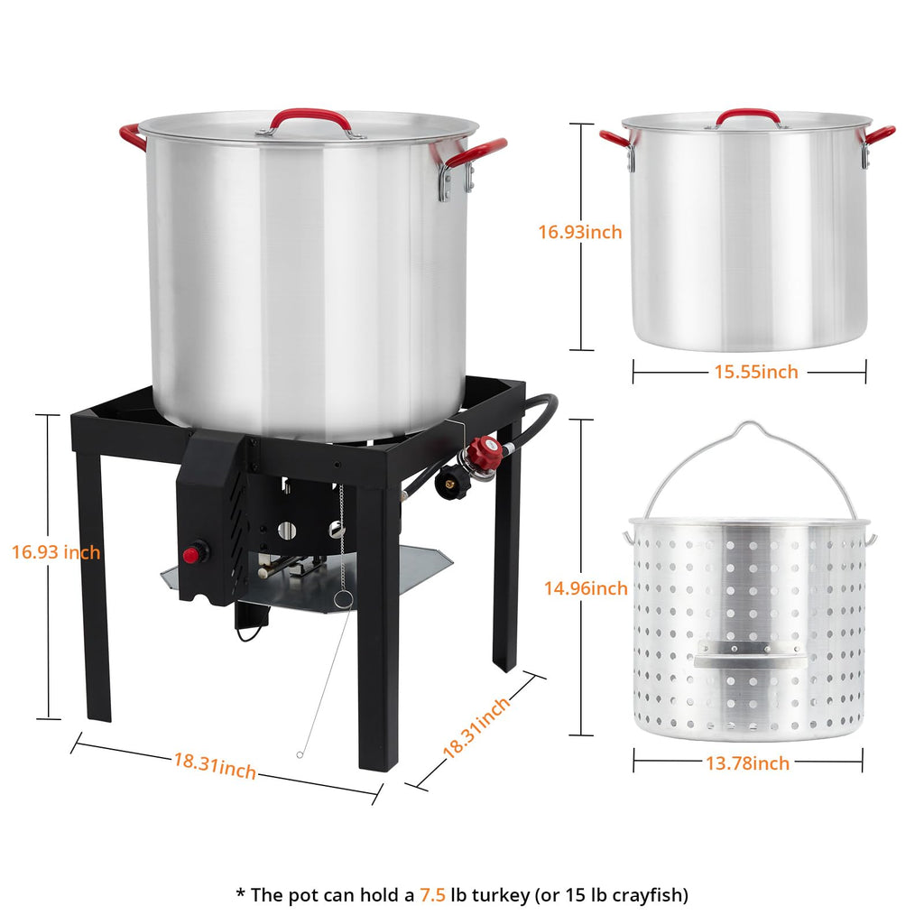 60QT Aluminum Seafood Boil Pot with Strainer Basket and Propane Burner G89153