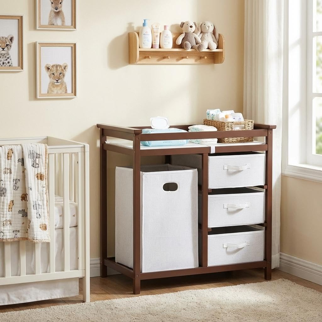 Modern Baby Changing Table with Laundry Hamper & 3 Drawers Q494755