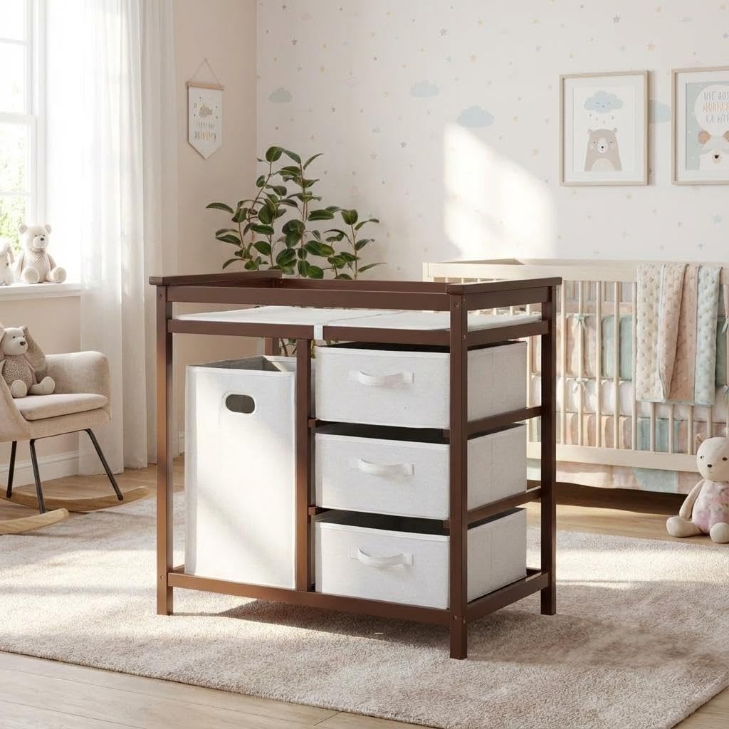 Modern Baby Changing Table with Laundry Hamper & 3 Drawers Q494755