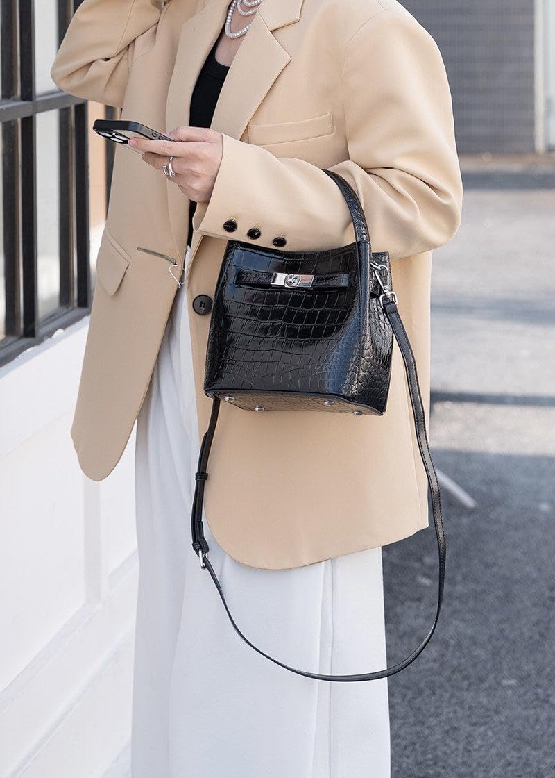 Crocodile Embossed Leather Bucket Bag K286