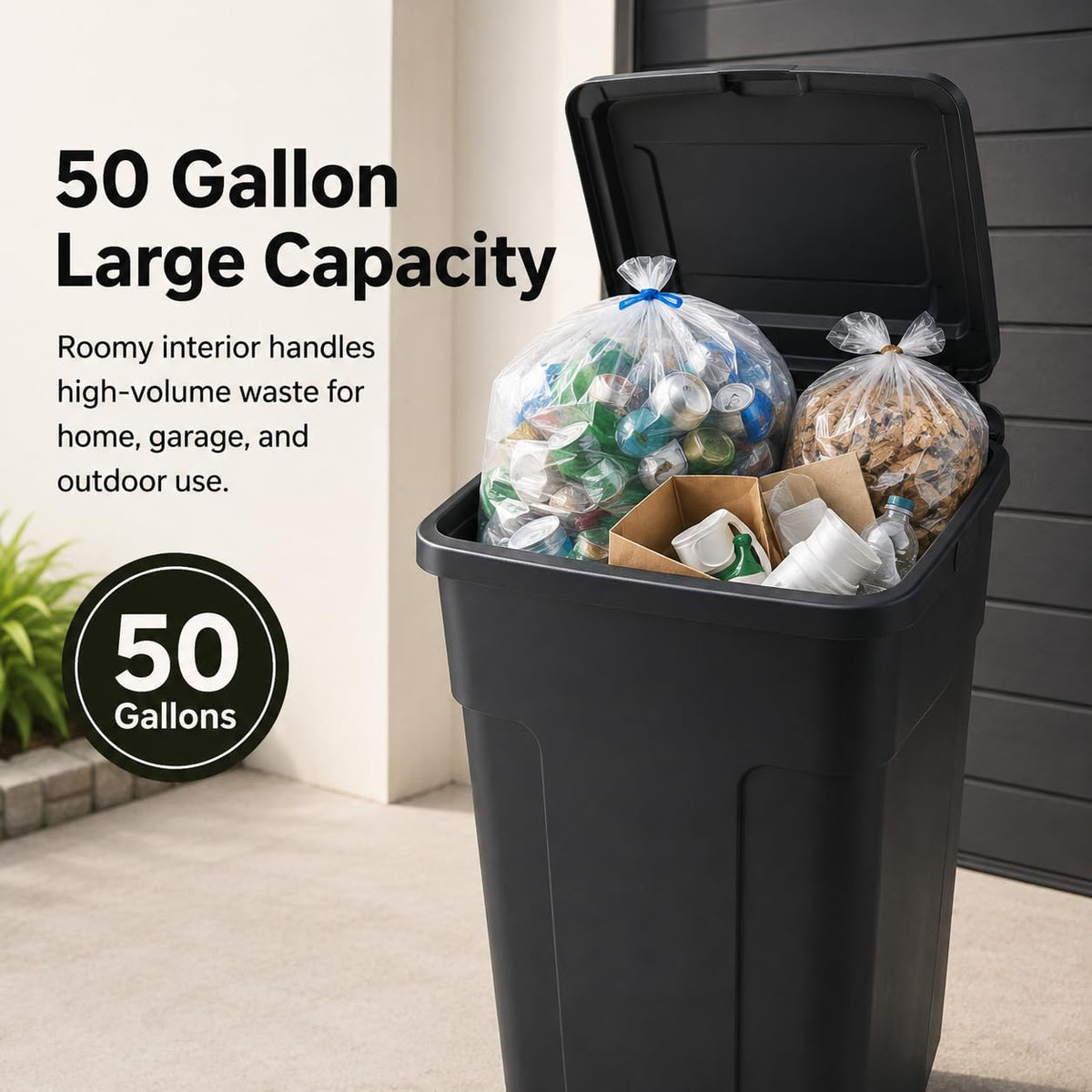 50 Gallon Wheeled Plastic Trash Can with Lid and Handle B1722