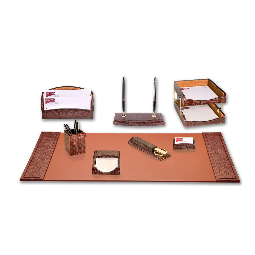 Brown Crocodile Embossed Leather Desk Set R829289