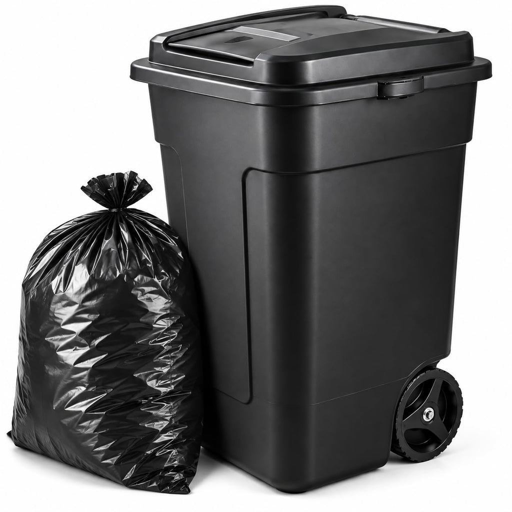 50 Gallon Wheeled Plastic Trash Can with Lid and Handle B1722