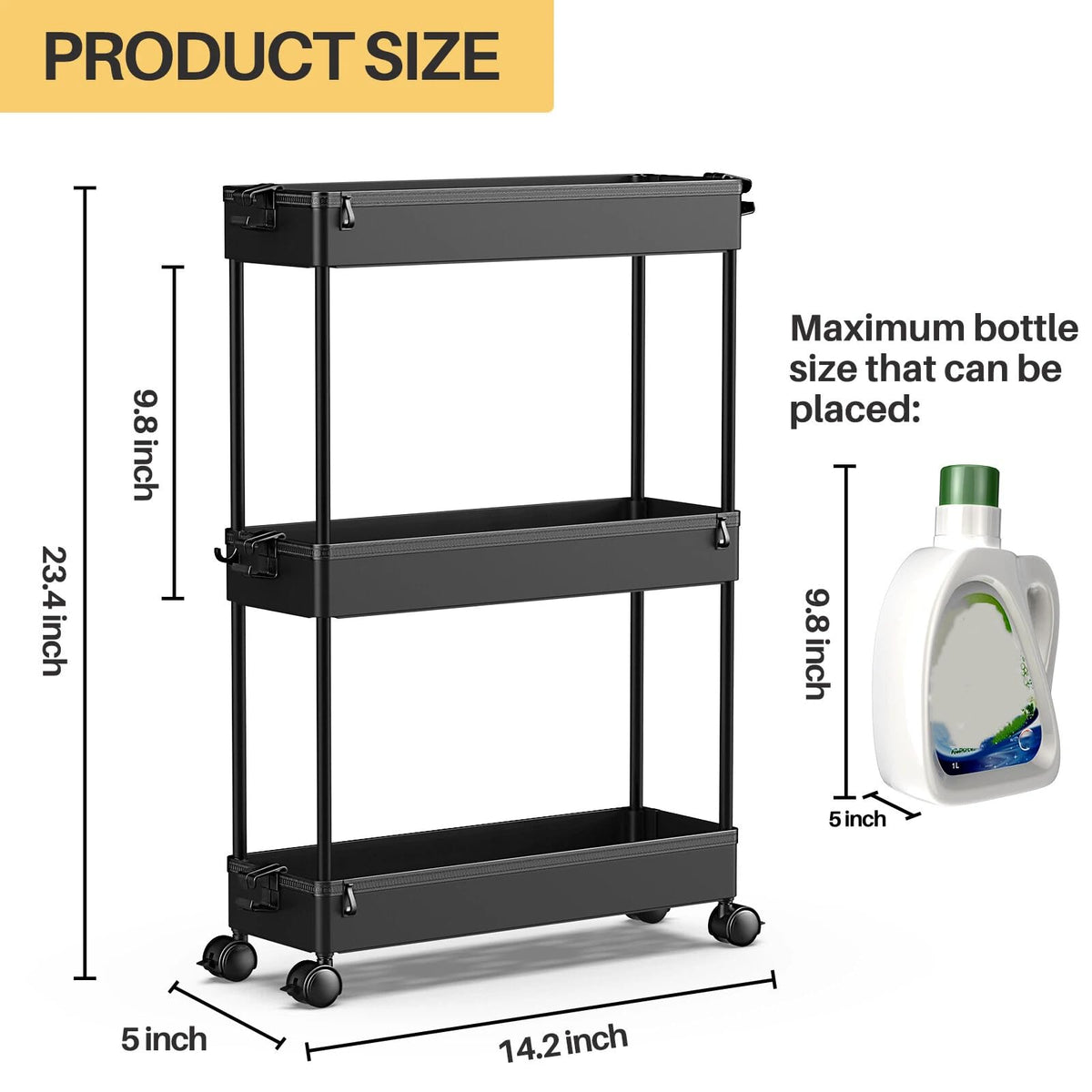 Black 3 Tier Slim Rolling Storage Cart R26049