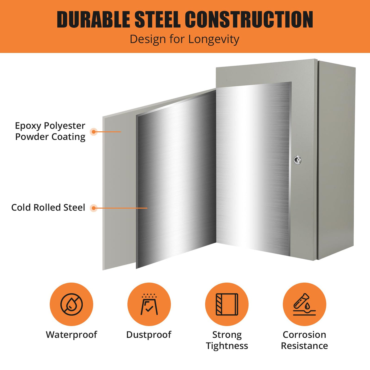 24" x 16" x 10" Waterproof Stainless Steel Electrical Enclosure Box with Lock L9673