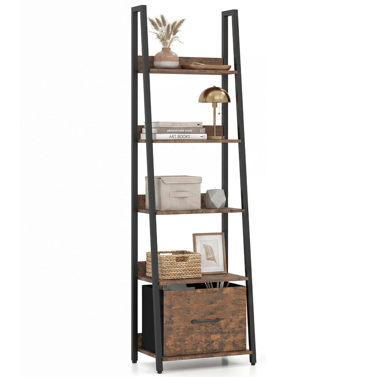 5-Tier Ladder Bookshelf with Fabric Drawer V564558
