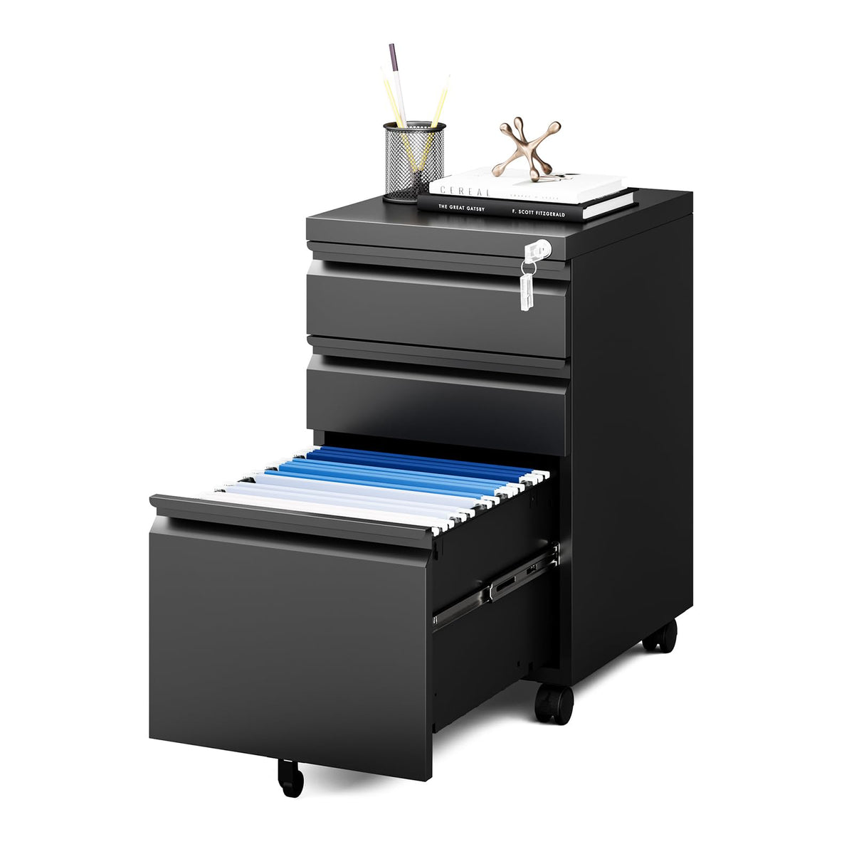 Black 3 Drawer Metal File Cabinet with Lock F70966