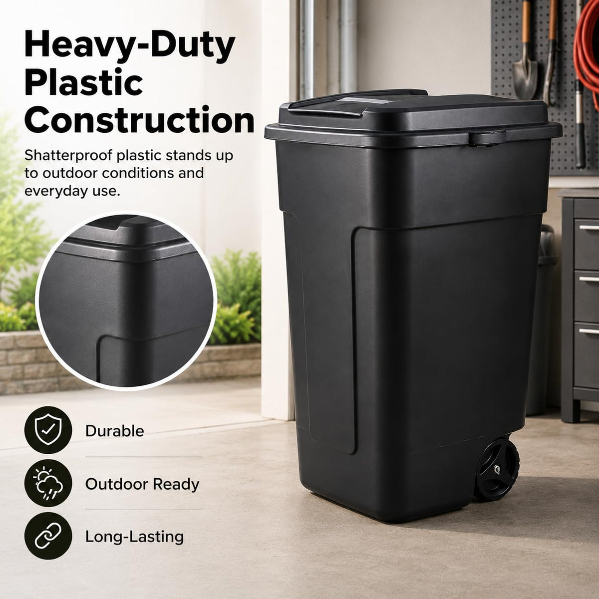 50 Gallon Wheeled Plastic Trash Can with Lid and Handle B1722