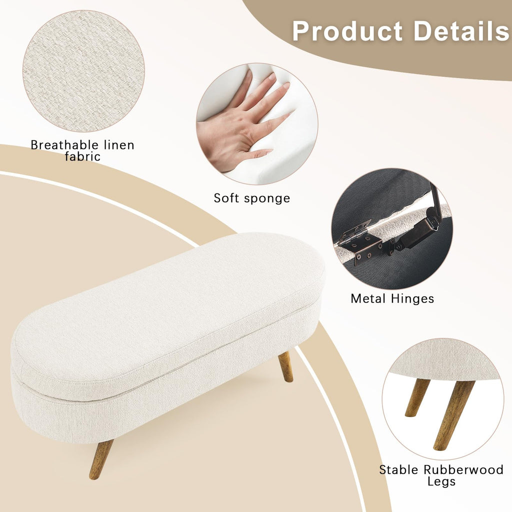 Beige Linen Upholstered Storage Ottoman Bench N258