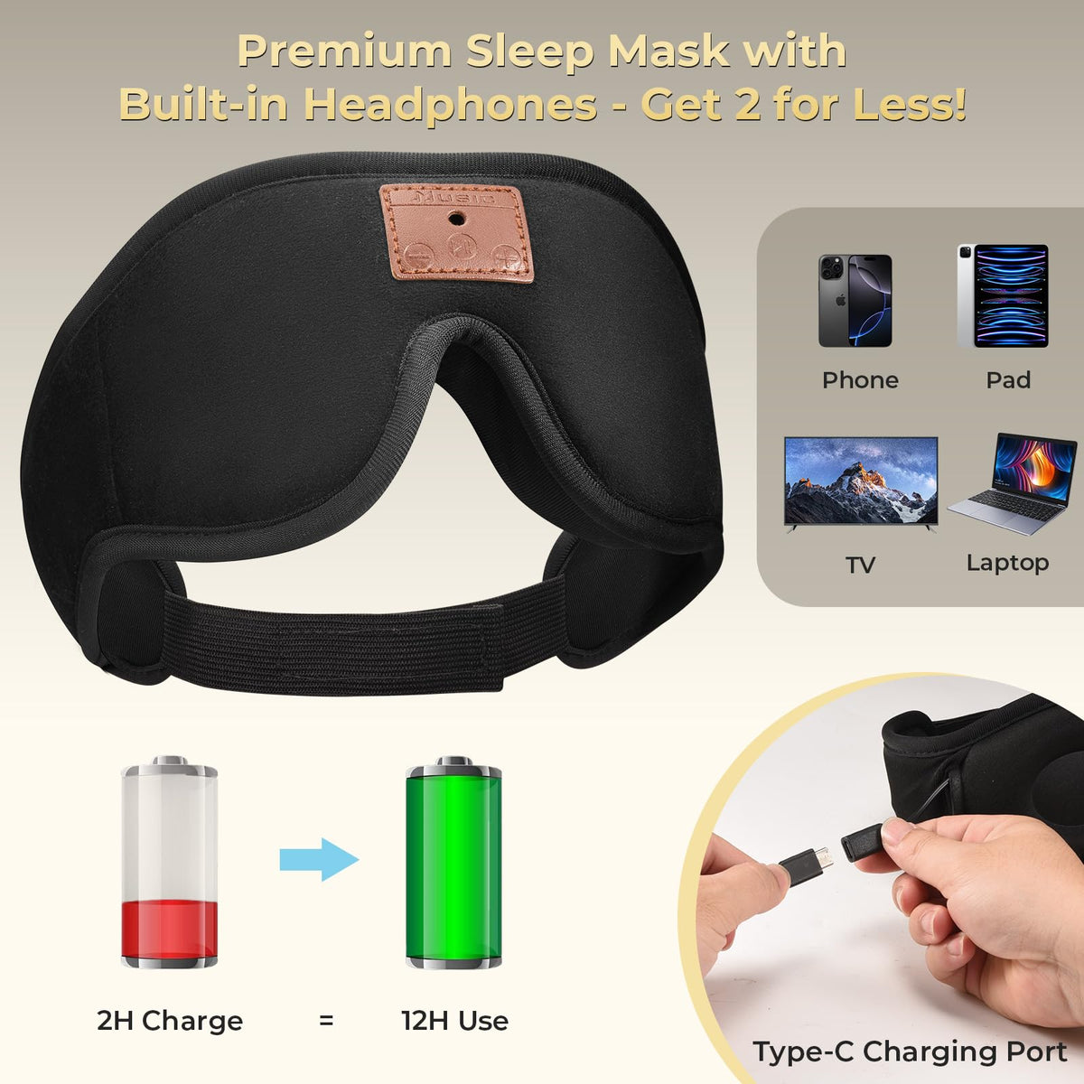 3D Bluetooth Sleep Mask with Headphones 2-Pack V470667