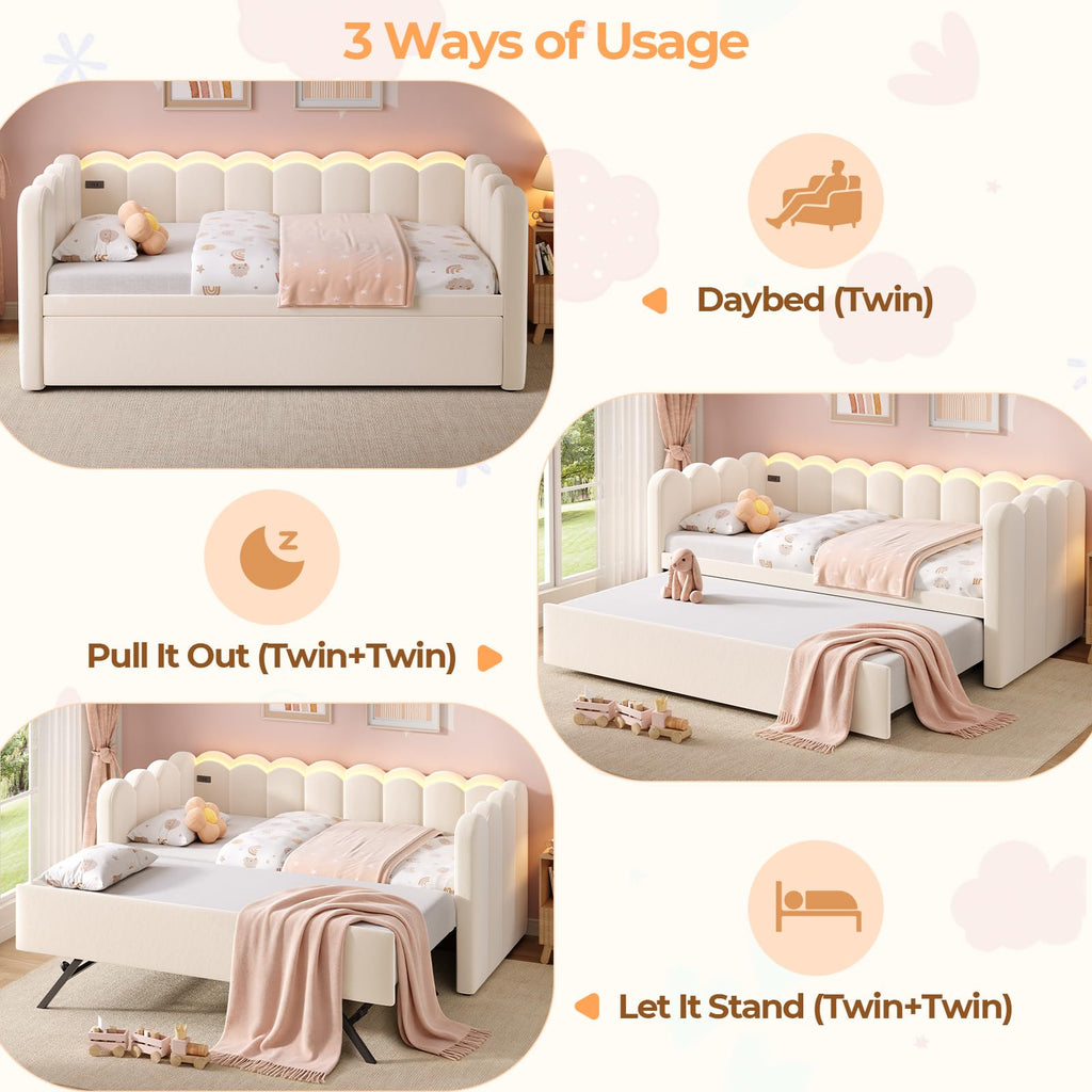 Beige Twin Velvet Upholstered Daybed with Pop Up Trundle B892043
