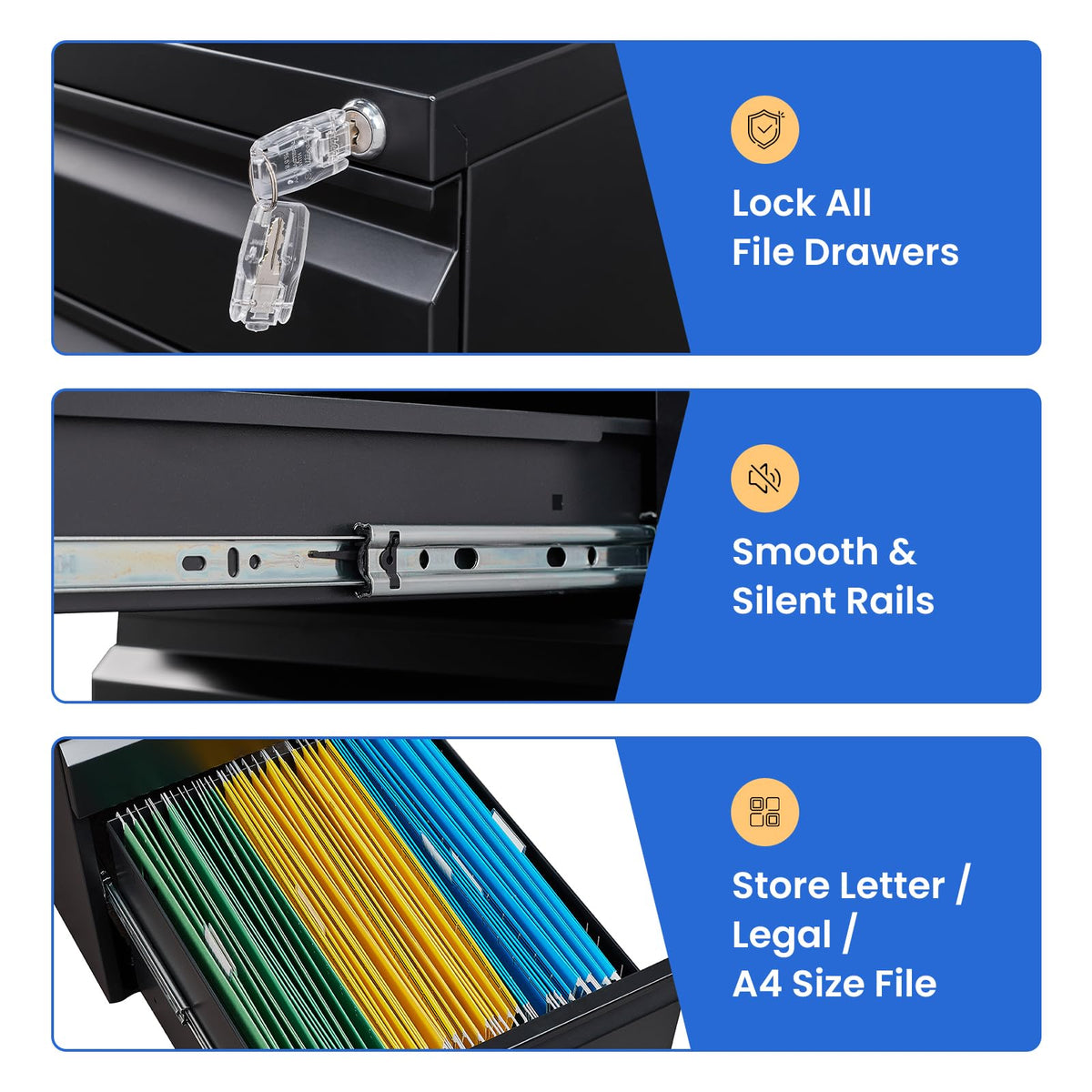 Black 3 Drawer Metal File Cabinet with Lock F70966