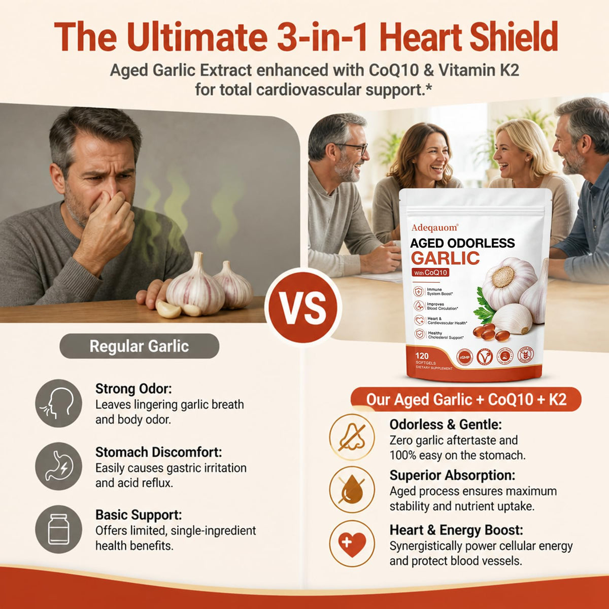 1200 mg Odorless Aged Garlic Extract Softgels with CoQ10 Ubiquinol & Vitamin K2, 120 Softgels R99446