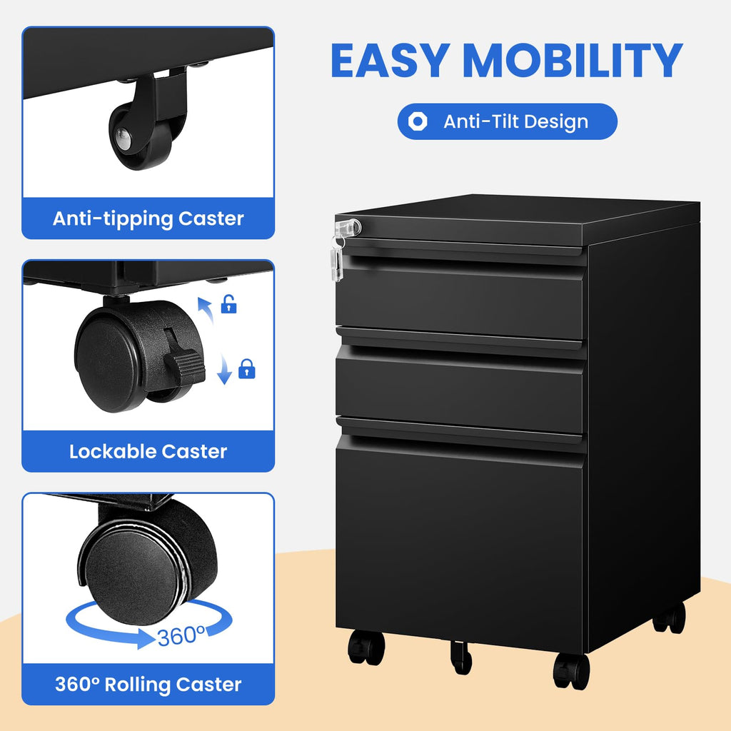 Black 3 Drawer Metal File Cabinet with Lock F70966