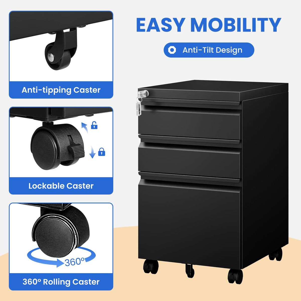 Black 3 Drawer Metal File Cabinet with Lock F70966