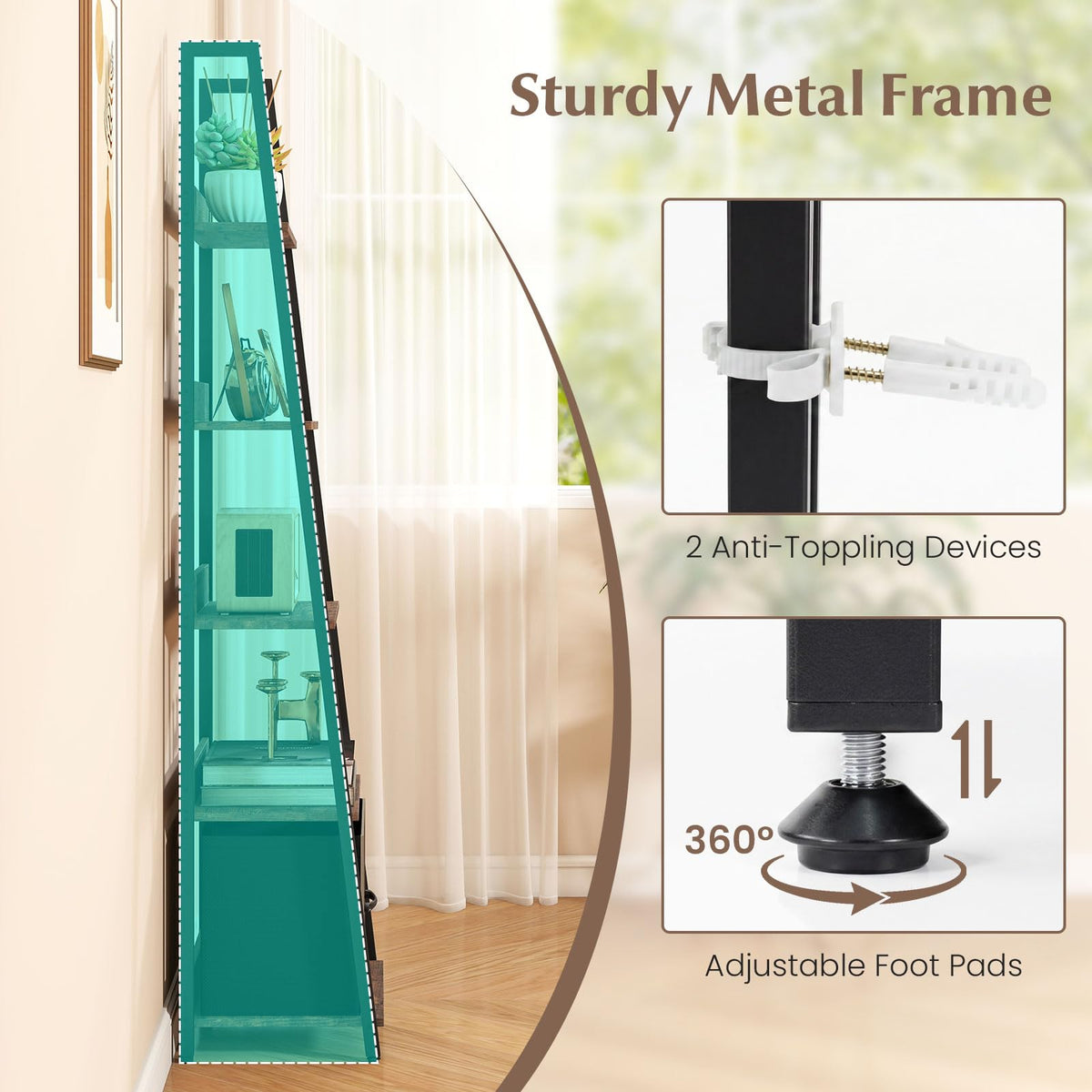 5-Tier Ladder Bookshelf with Fabric Drawer V564558
