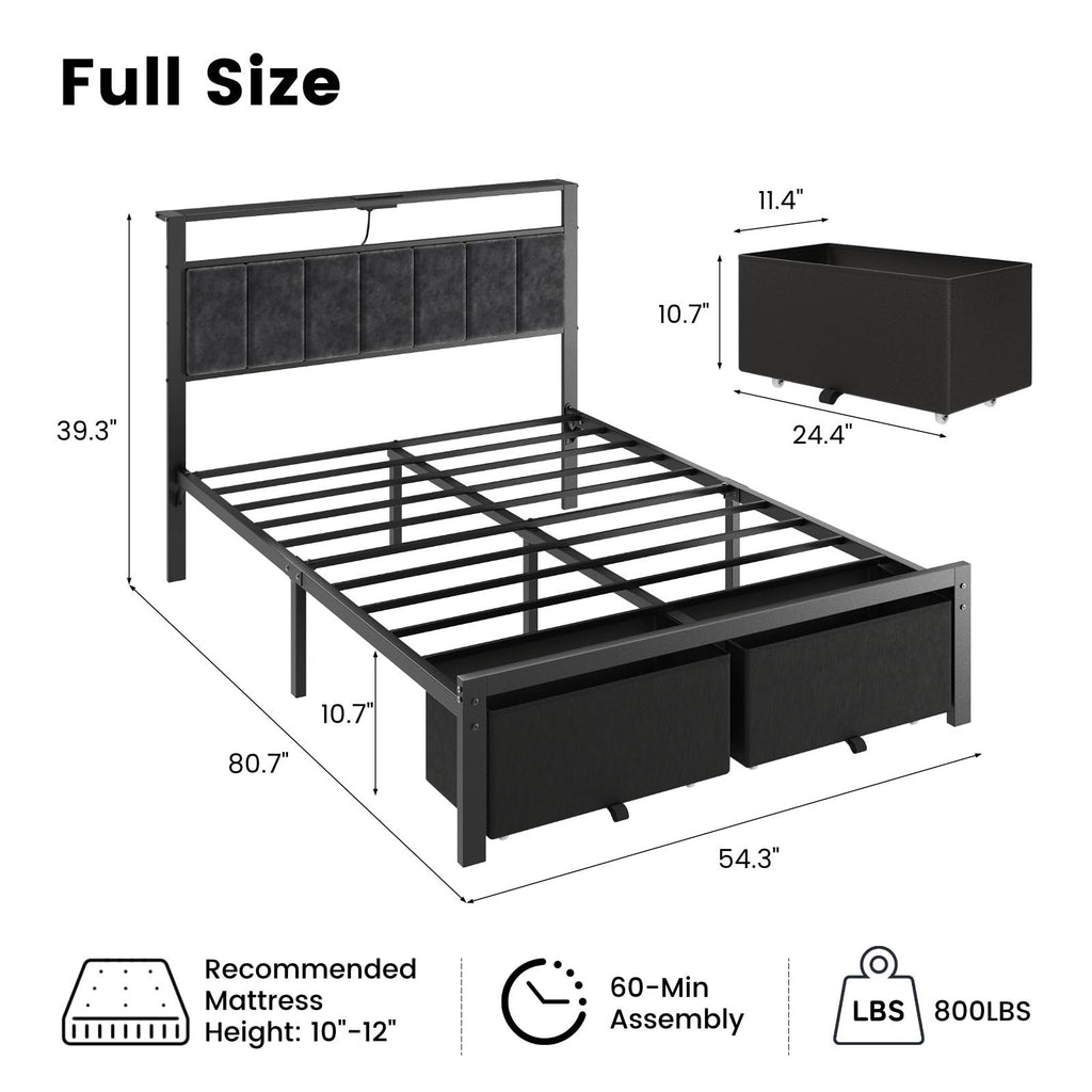 Full Size Bed Frame with Upholstered Headboard and 2 Storage Drawers H196065