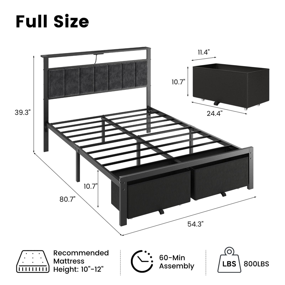 Full Size Bed Frame with Upholstered Headboard and 2 Storage Drawers H196065