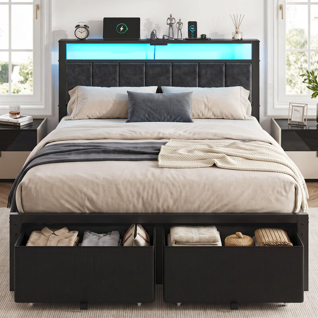 Full Size Bed Frame with Upholstered Headboard and 2 Storage Drawers H196065