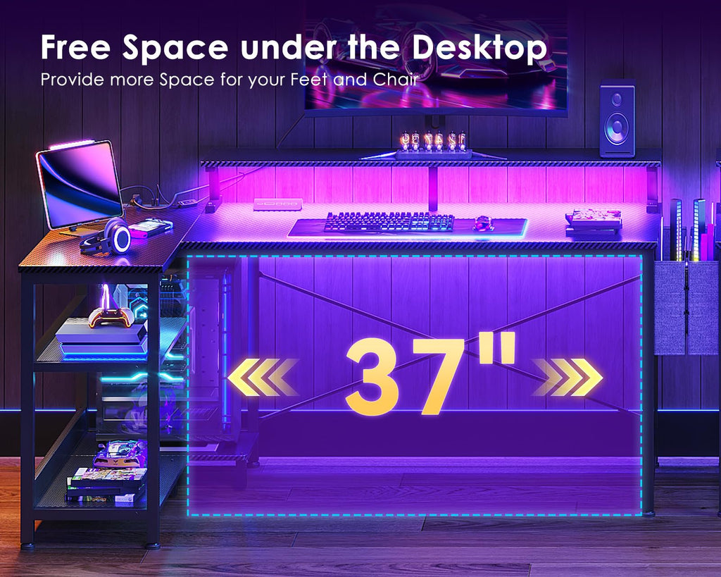 48 Inch L Shaped Gaming Desk with LED Lights and Power Outlets X97823