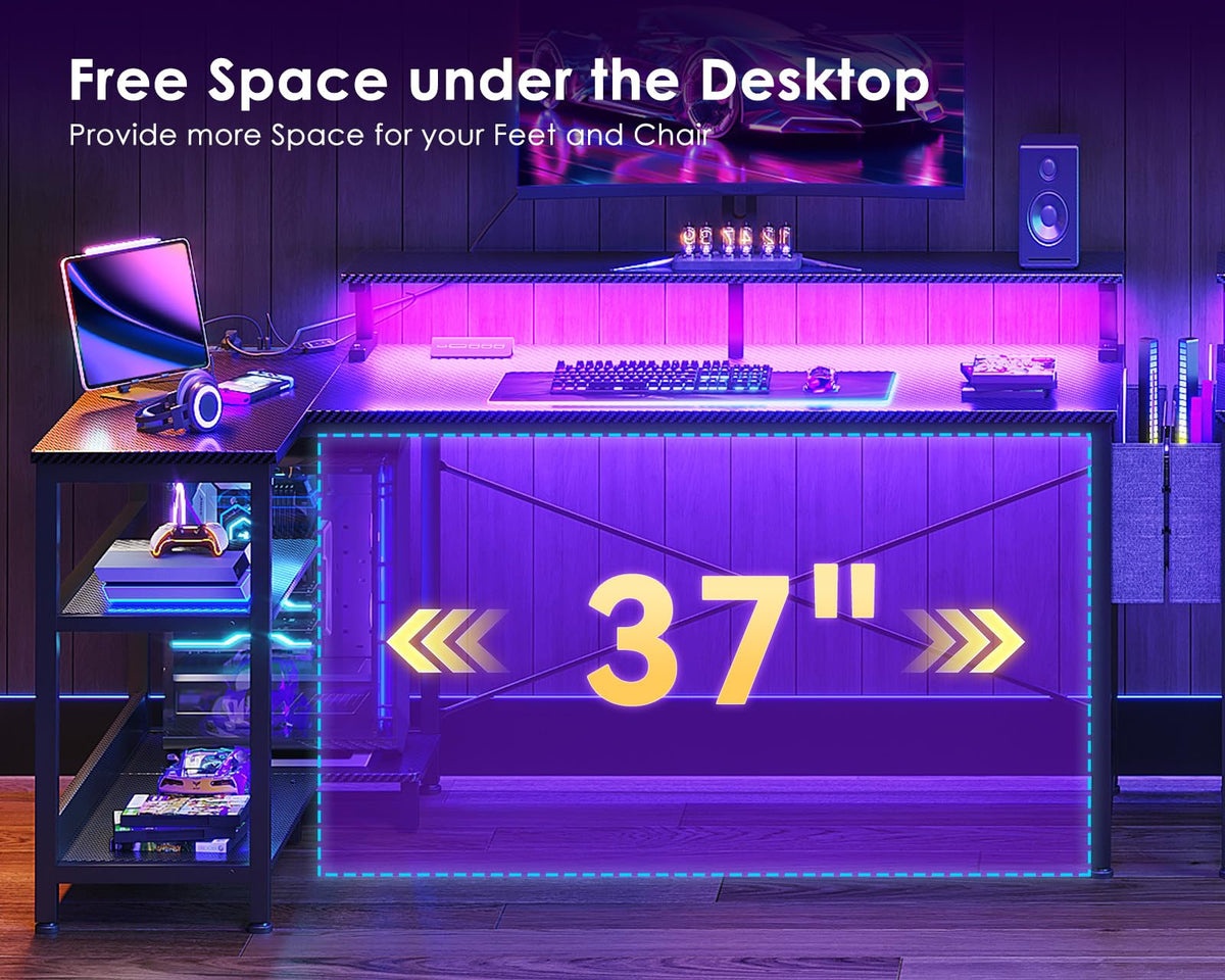 48 Inch L Shaped Gaming Desk with LED Lights and Power Outlets X97823
