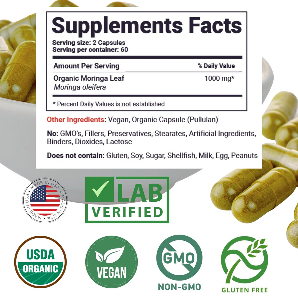 Organic Moringa Leaf Capsules 1000mg 120 Ct I879