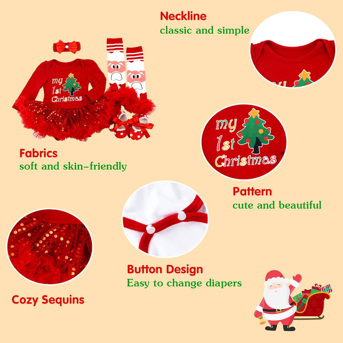 Baby Girls First Christmas Outfit Newborn Romper Tutu Dress with Shoes Headband Leg Warmer Q200169