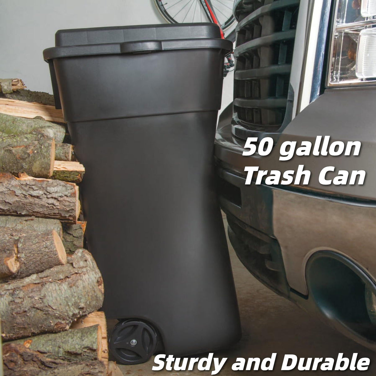 50 Gallon Wheeled Plastic Trash Can with Lid and Handle B1722