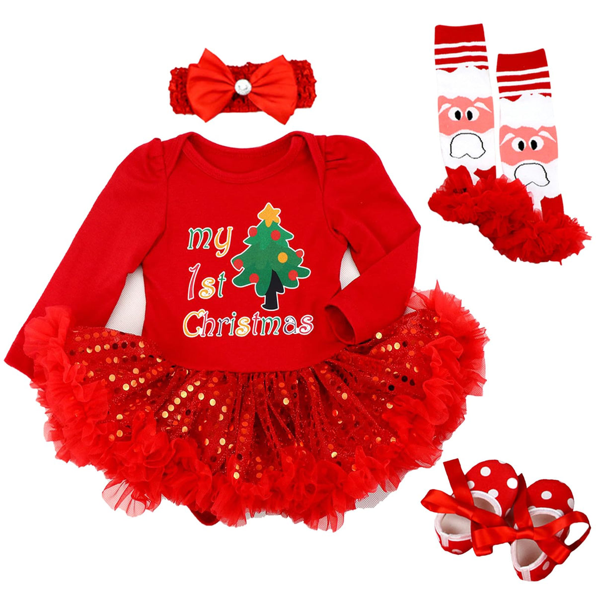 Baby Girls First Christmas Outfit Newborn Romper Tutu Dress with Shoes Headband Leg Warmer Q200169