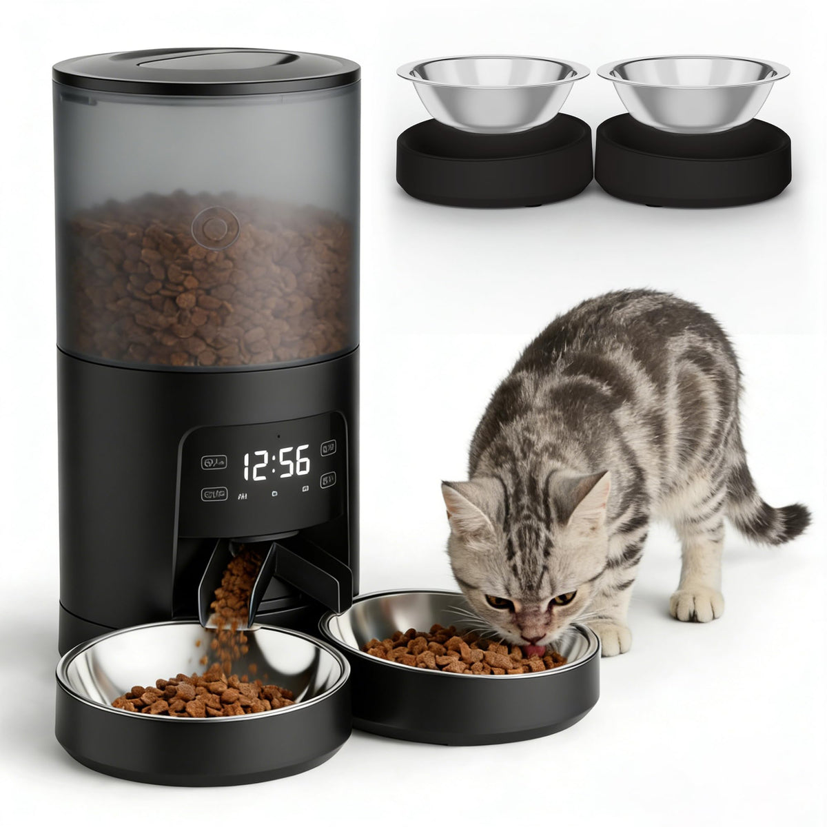 6L Automatic Cat Feeder with 2 Stainless Bowls Black E752