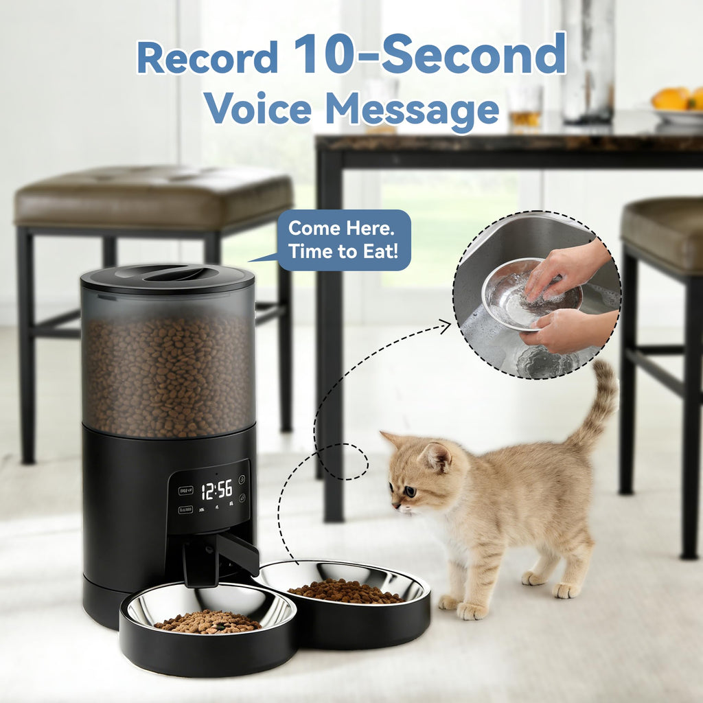6L Automatic Cat Feeder with 2 Stainless Bowls Black E752