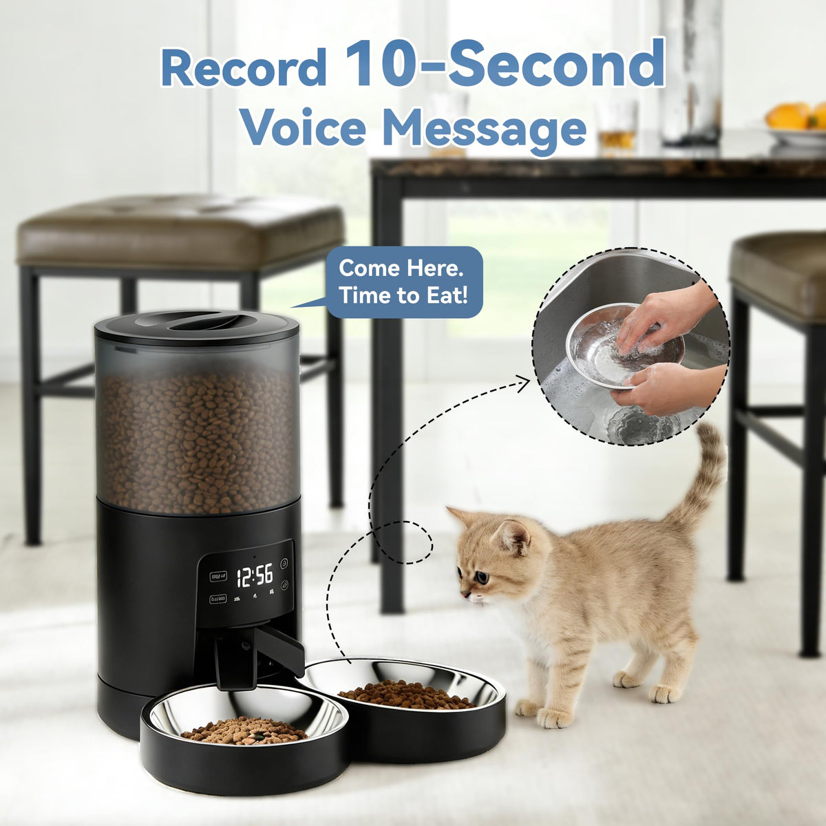 6L Automatic Cat Feeder with 2 Stainless Bowls Black E752