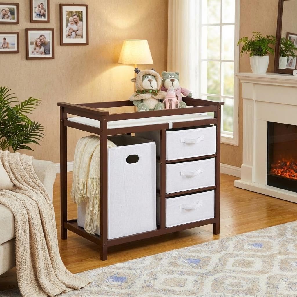 Modern Baby Changing Table with Laundry Hamper & 3 Drawers Q494755