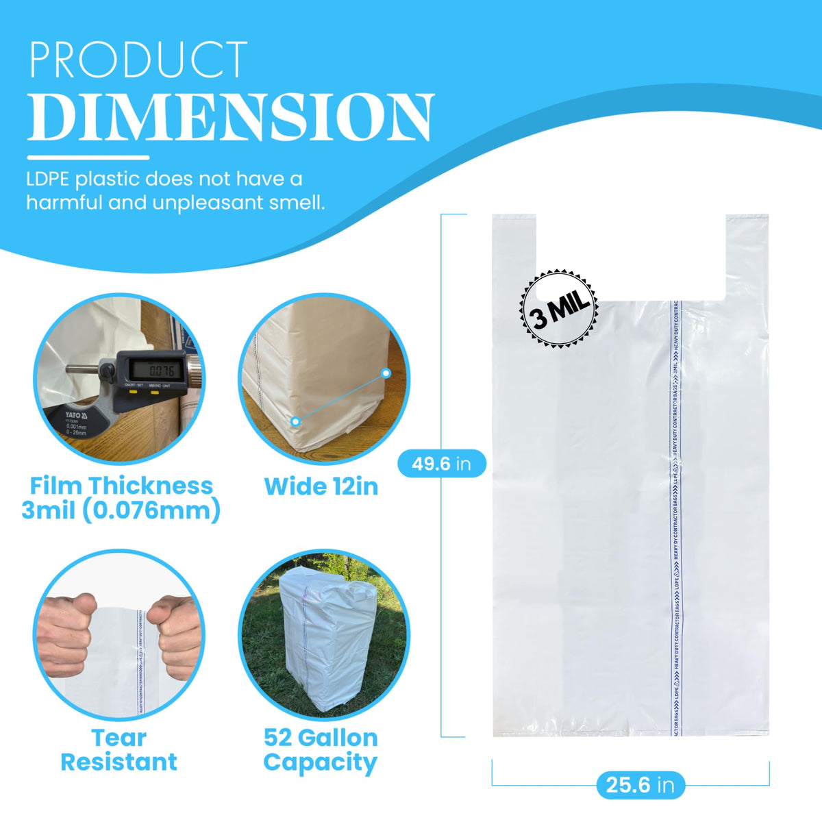 52 Gallon 40 Count 3 MIL Heavy Duty Trash Bags with Handles E60870