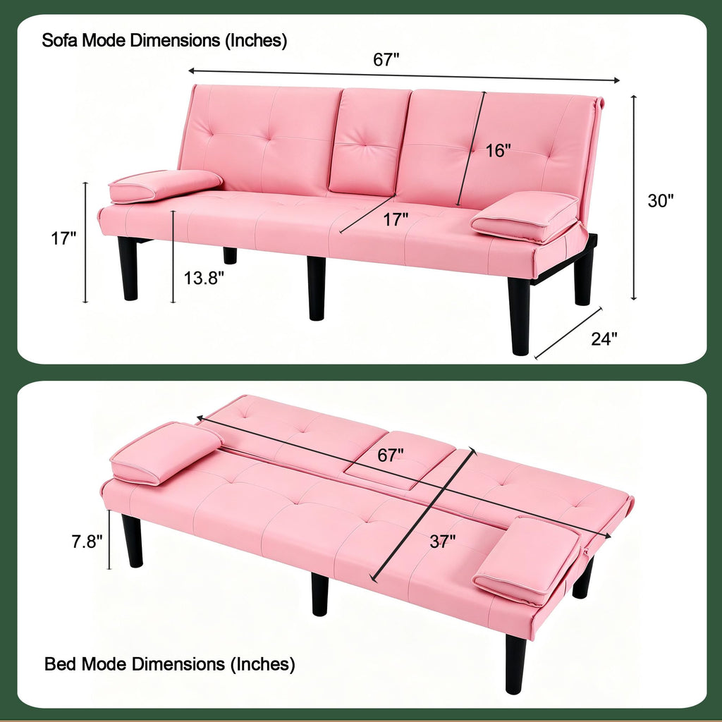 67" Convertible Sofa Bed with Cup Holders, Pink H218512
