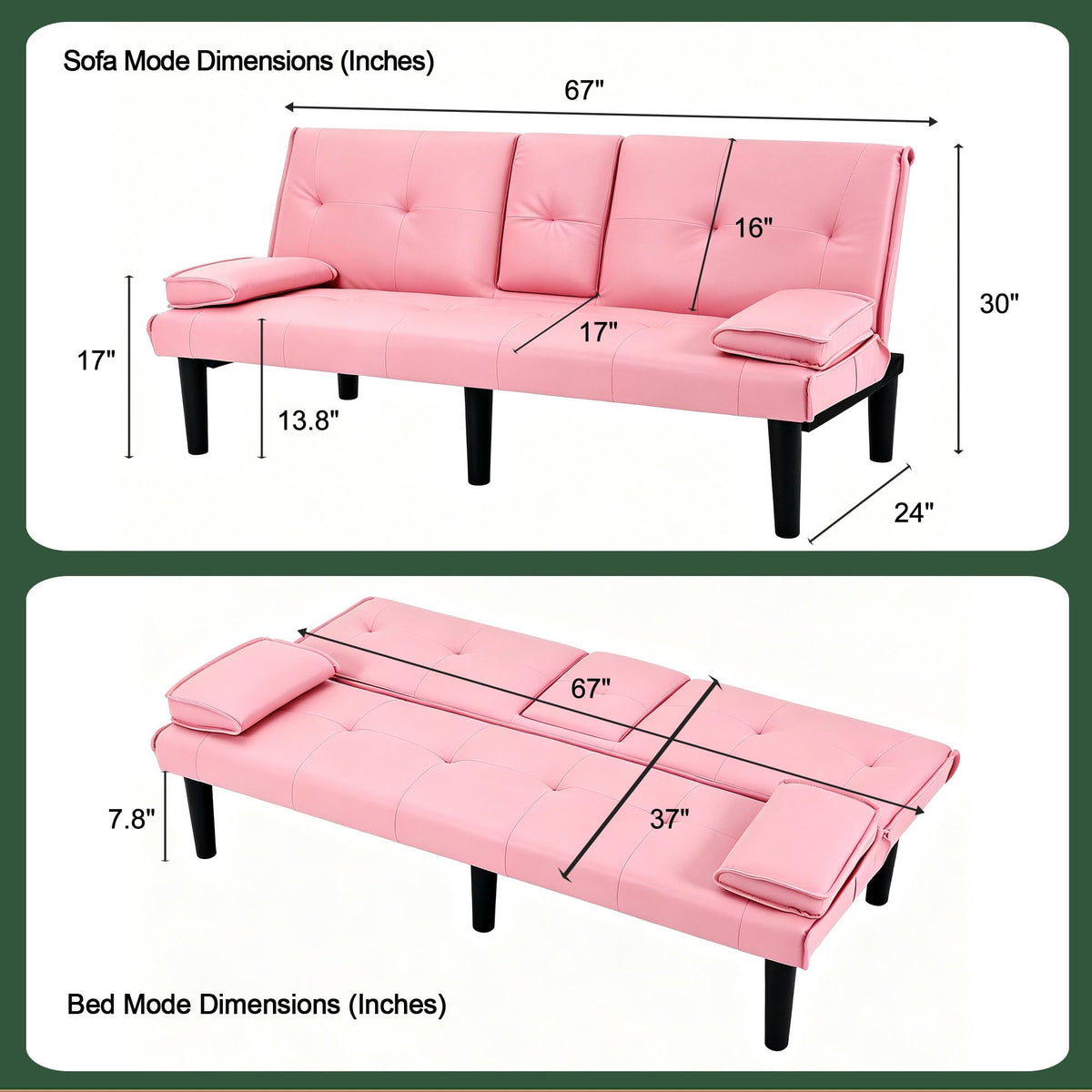 67" Convertible Sofa Bed with Cup Holders, Pink H218512