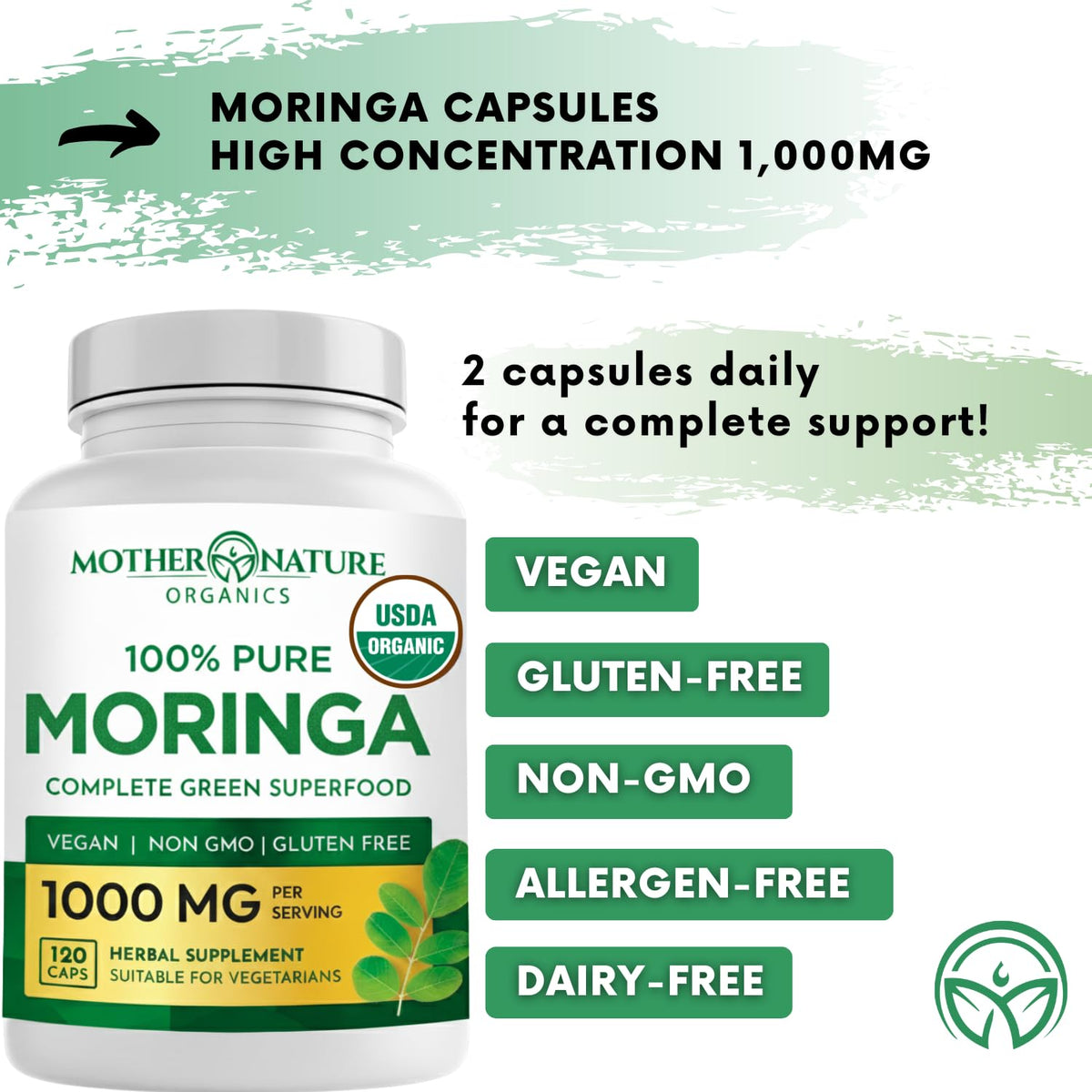 Organic Moringa Leaf Capsules 1000mg 120 Ct I879