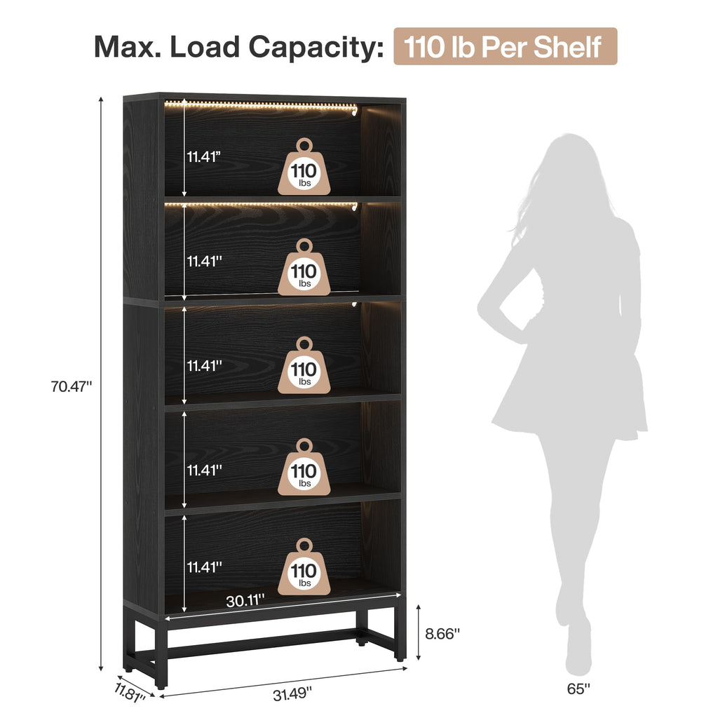 Black 70.8” 5-Tier Bookcase with LED Lights X3368