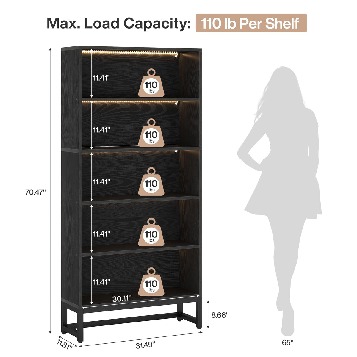 Black 70.8” 5-Tier Bookcase with LED Lights X3368