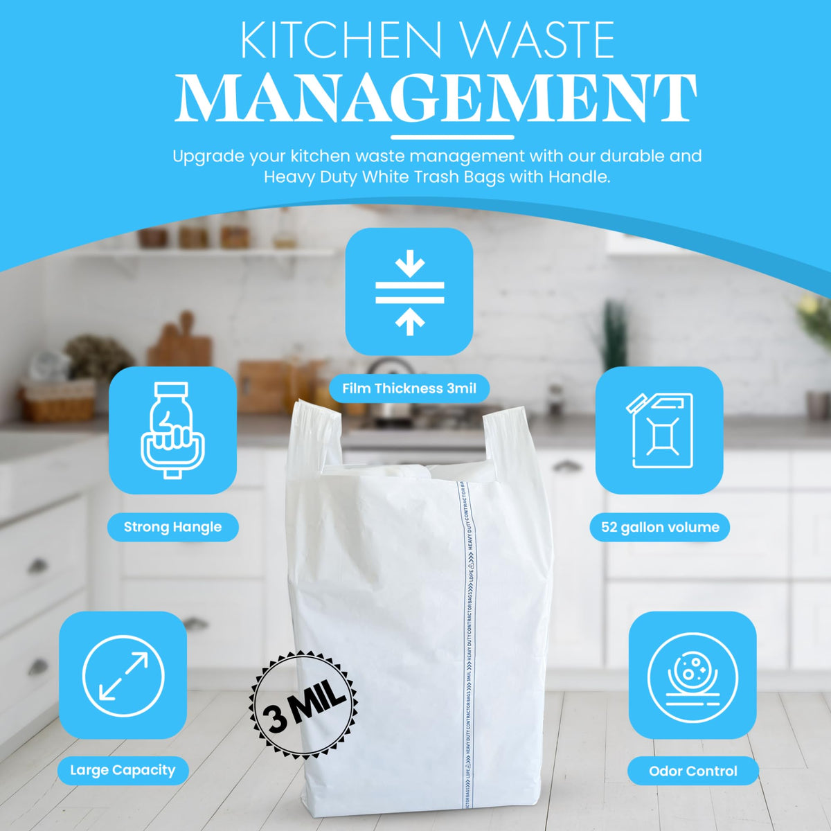 52 Gallon 40 Count 3 MIL Heavy Duty Trash Bags with Handles E60870