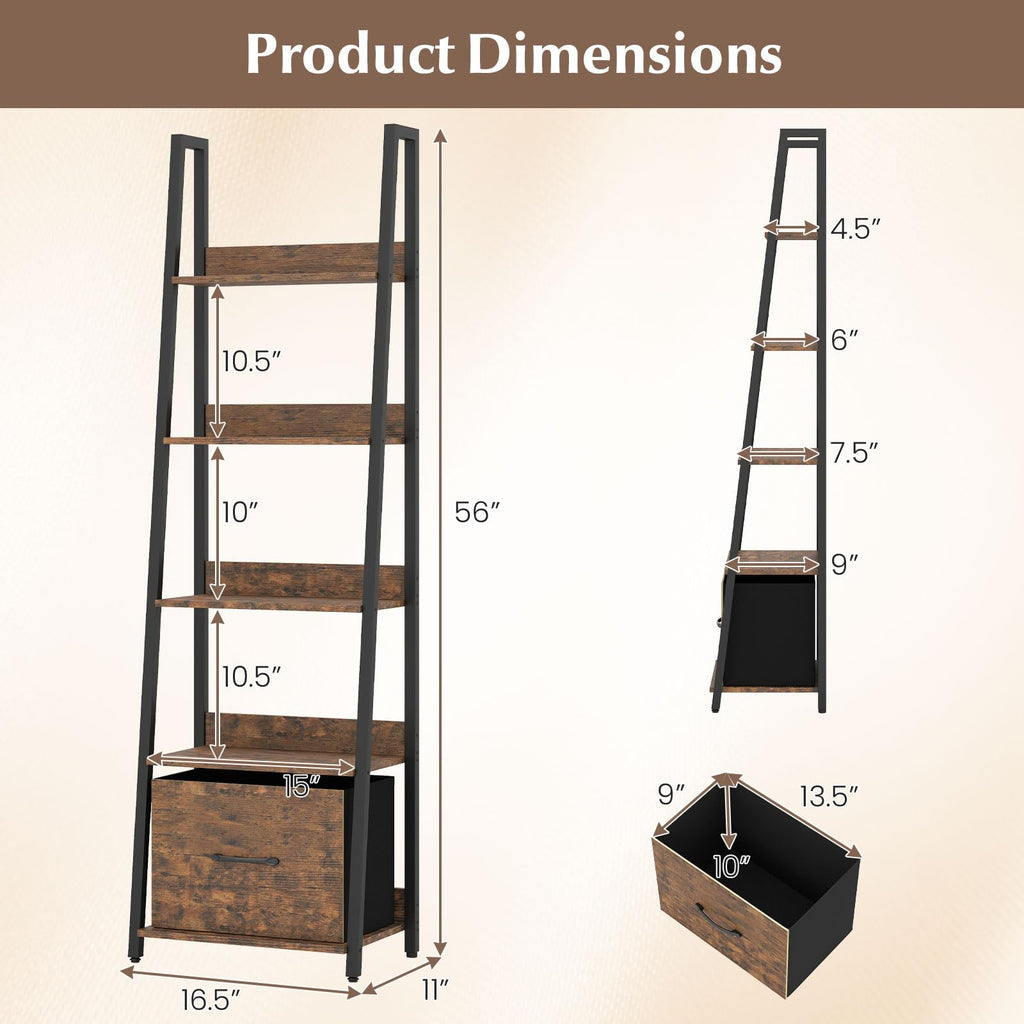 5-Tier Ladder Bookshelf with Fabric Drawer V564558