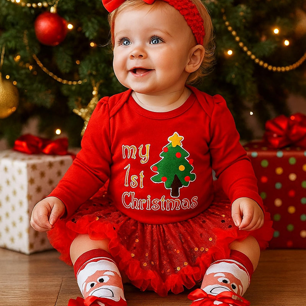 Baby Girls First Christmas Outfit Newborn Romper Tutu Dress with Shoes Headband Leg Warmer Q200169