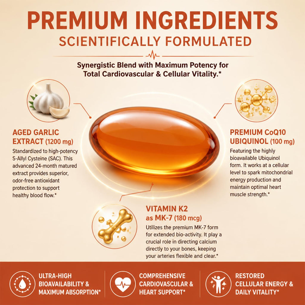 1200 mg Odorless Aged Garlic Extract Softgels with CoQ10 Ubiquinol & Vitamin K2, 120 Softgels R99446