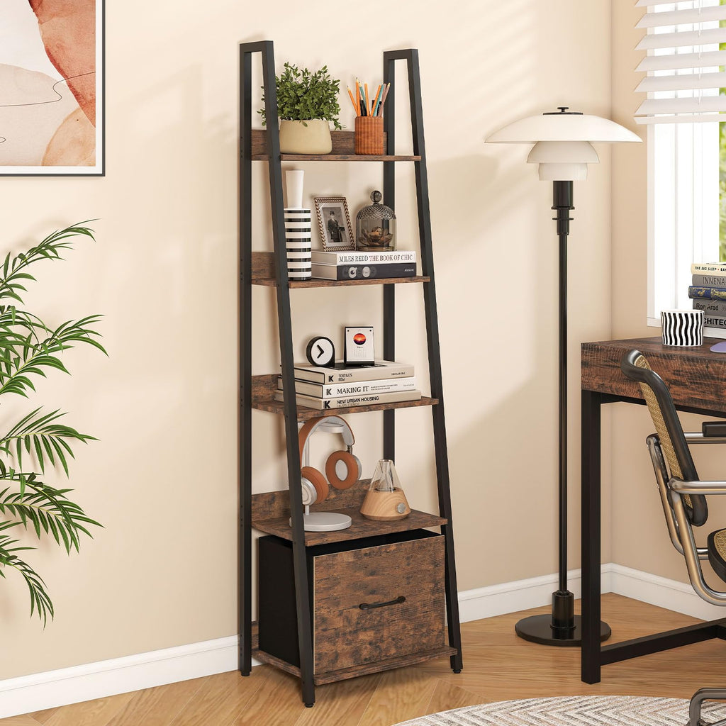 5-Tier Ladder Bookshelf with Fabric Drawer V564558