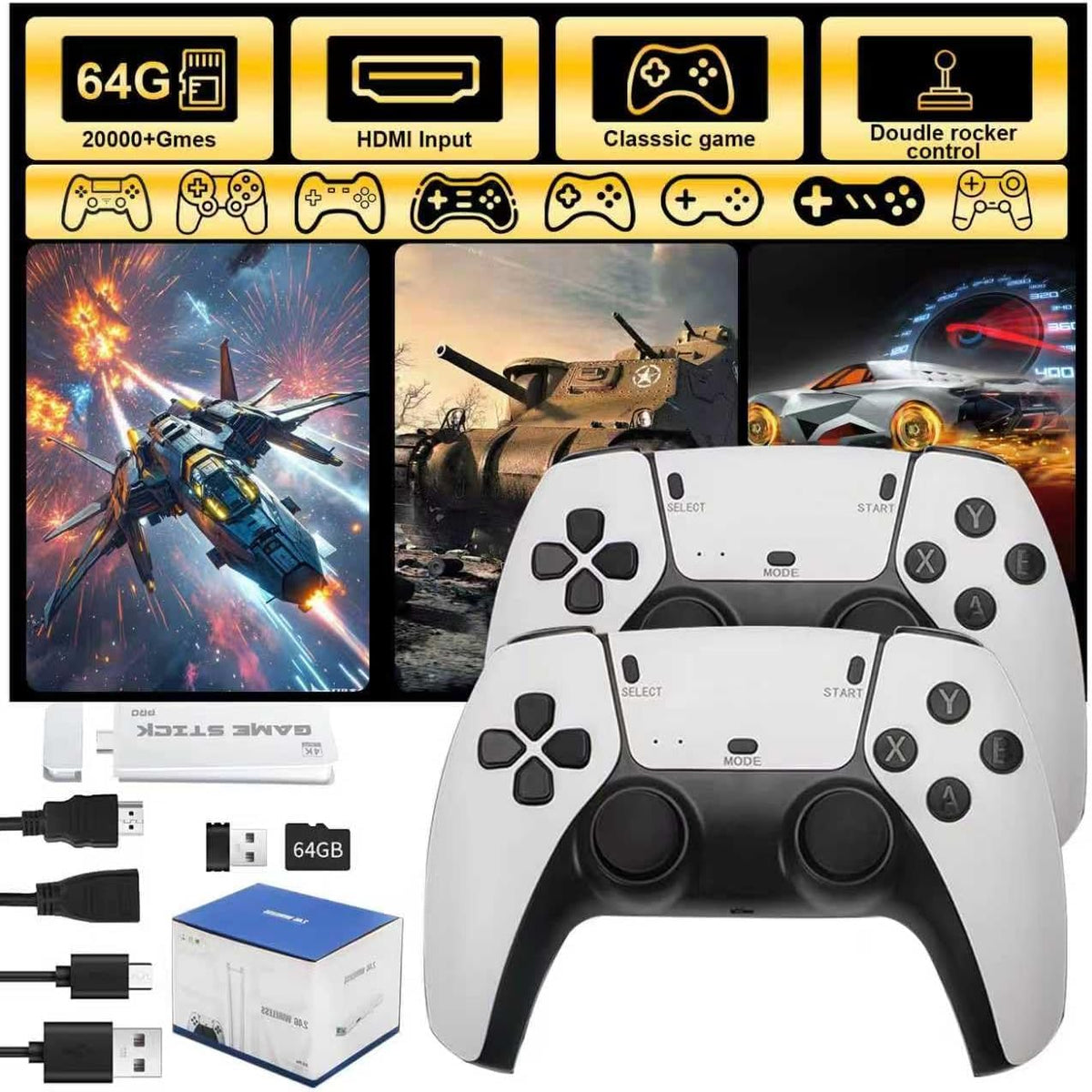 Retro Game Stick Console with 4K HDMI Output, 64GB Memory Card, and 2.4GHz Wireless Controllers C492930