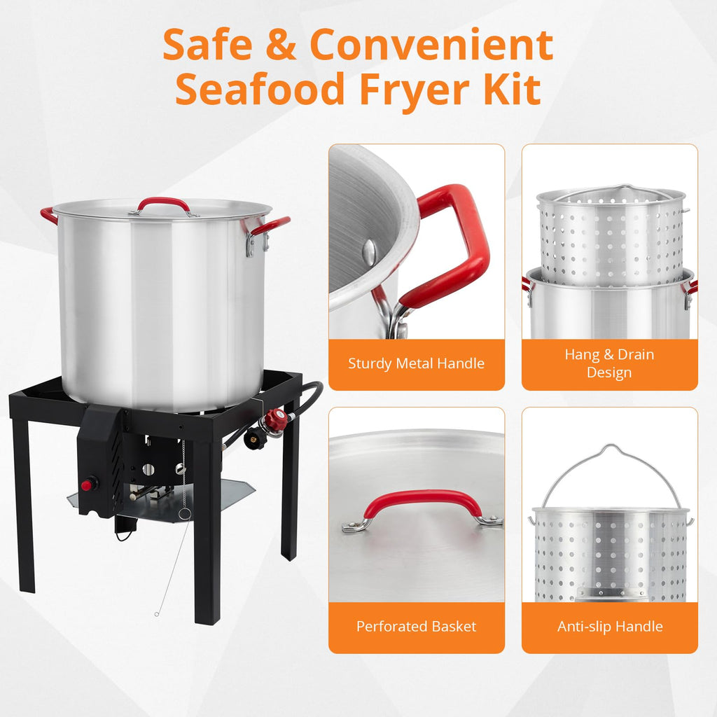 60QT Aluminum Seafood Boil Pot with Strainer Basket and Propane Burner G89153