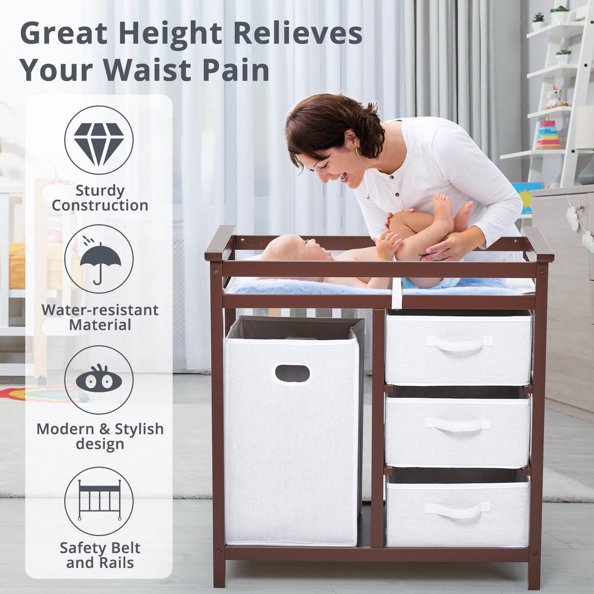 Modern Baby Changing Table with Laundry Hamper & 3 Drawers Q494755
