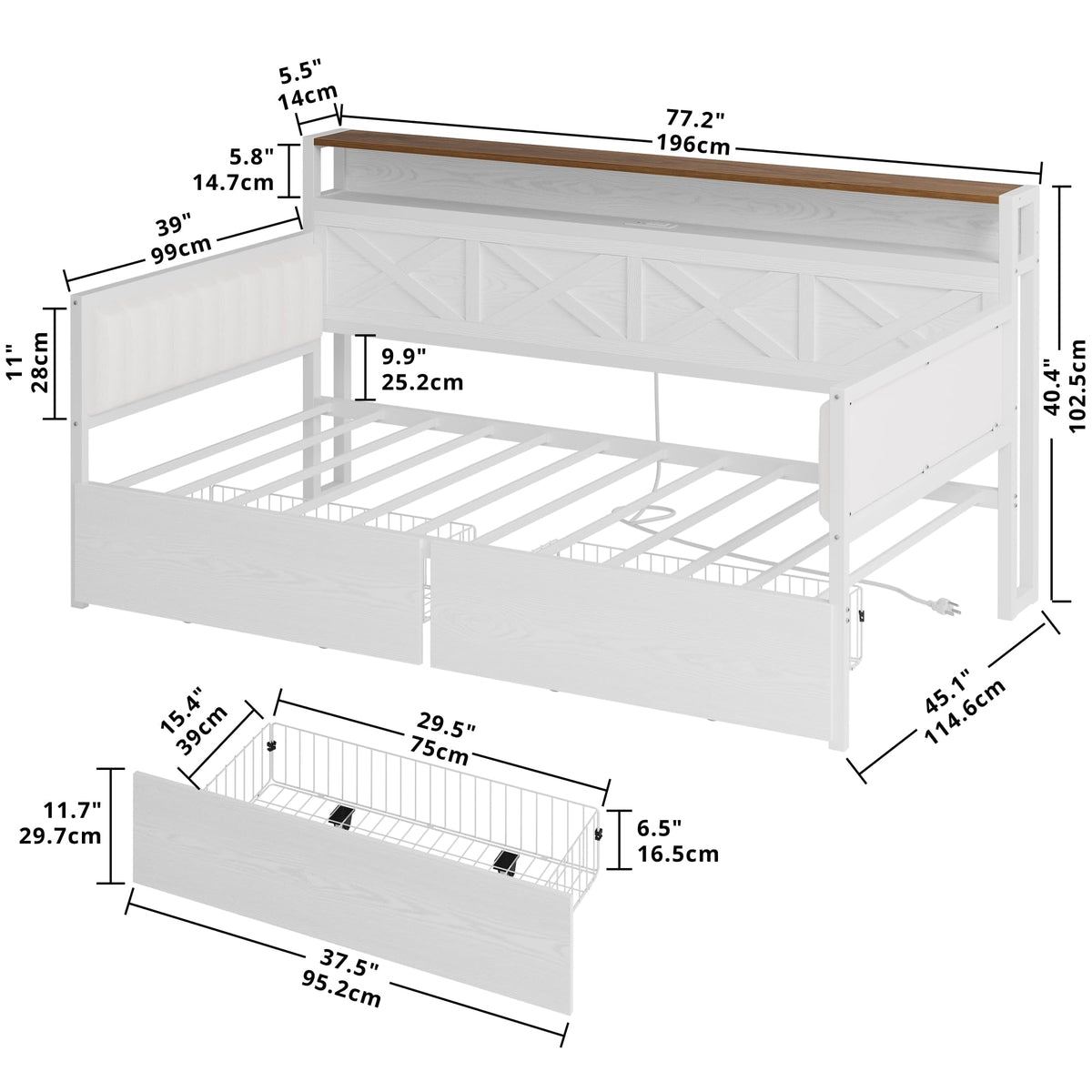 White Twin Daybed with Storage Drawers S7272