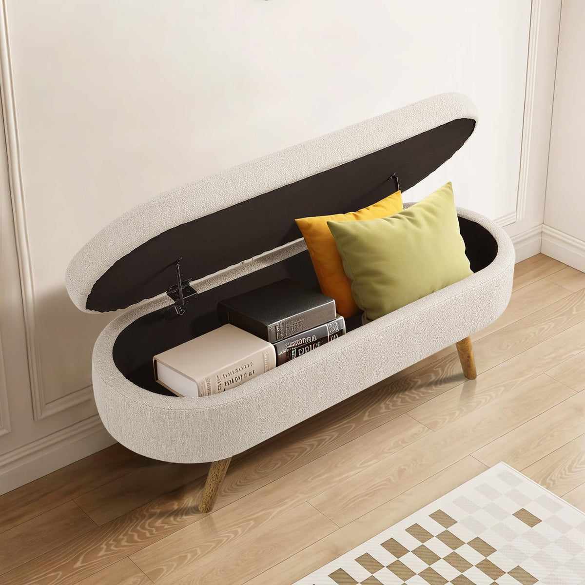 Beige Linen Upholstered Storage Ottoman Bench N258
